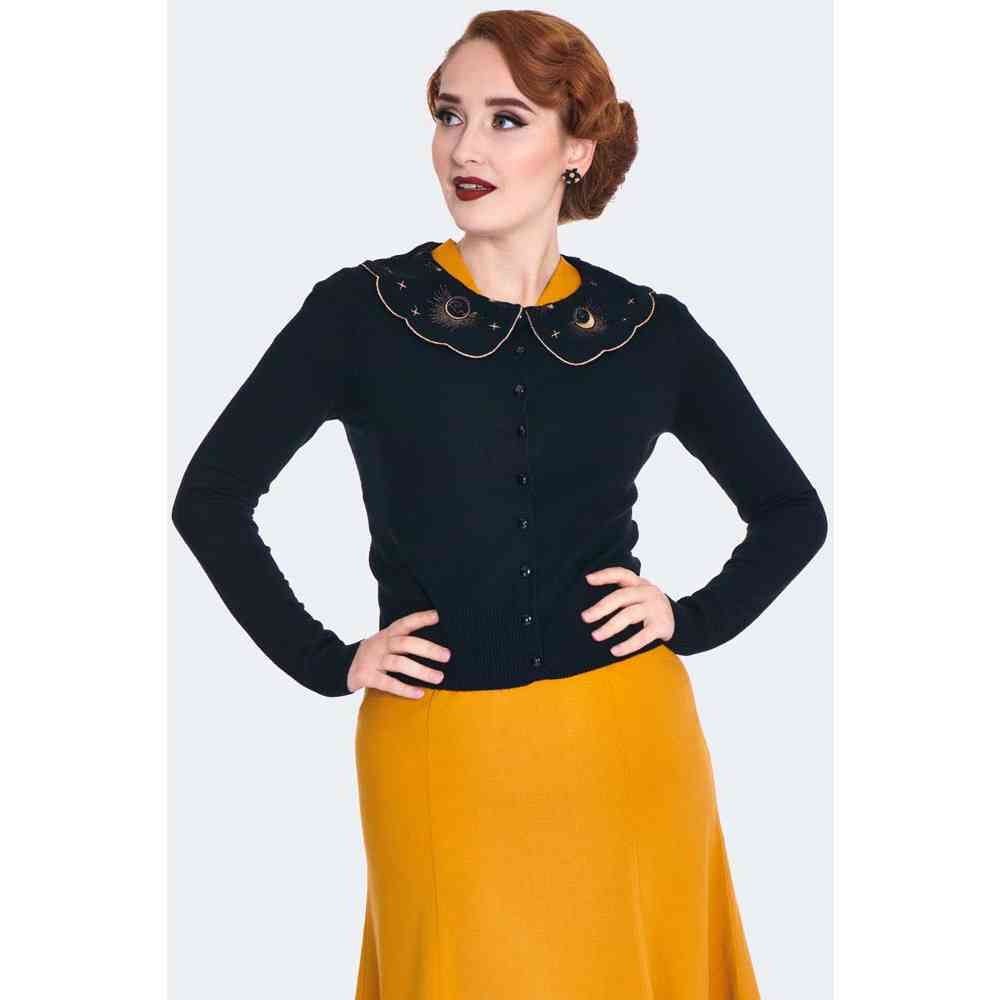 Voodoo Vixen - Embroidered Moon Phases Collar Cardigan - Zwart